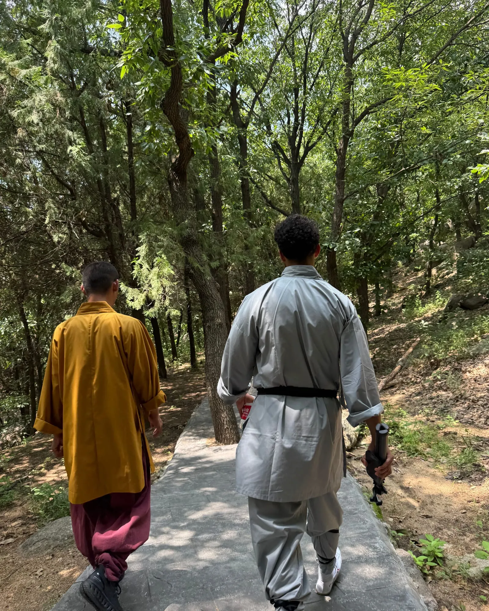Un élève en tenue de kung‑fu grise marche aux côtés d’un pratiquant en robe safran, sur un chemin de forêt.